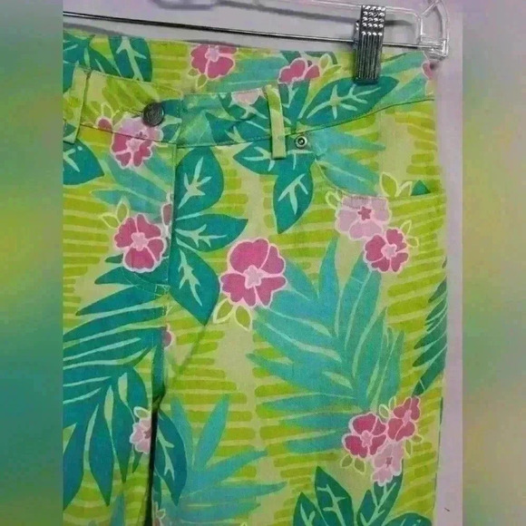 Women's Lilly Pulitzer Wind Chimes Leaf Green Pink Floral Jeans Sz 2 $108 - Picture 3 of 9